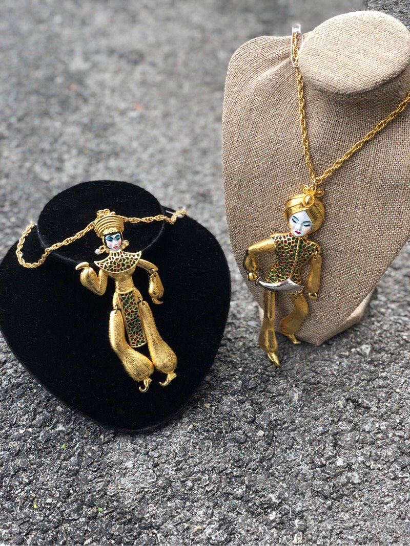 Vintage Necklace Lot Arabian Figurene Man & Woman: These unusual necklaces have huge pendants, not obivious from photos. The pendants are over 5" long each. Necklaces are about 18" long. They feature stain glass green/red work and enamel painted faces