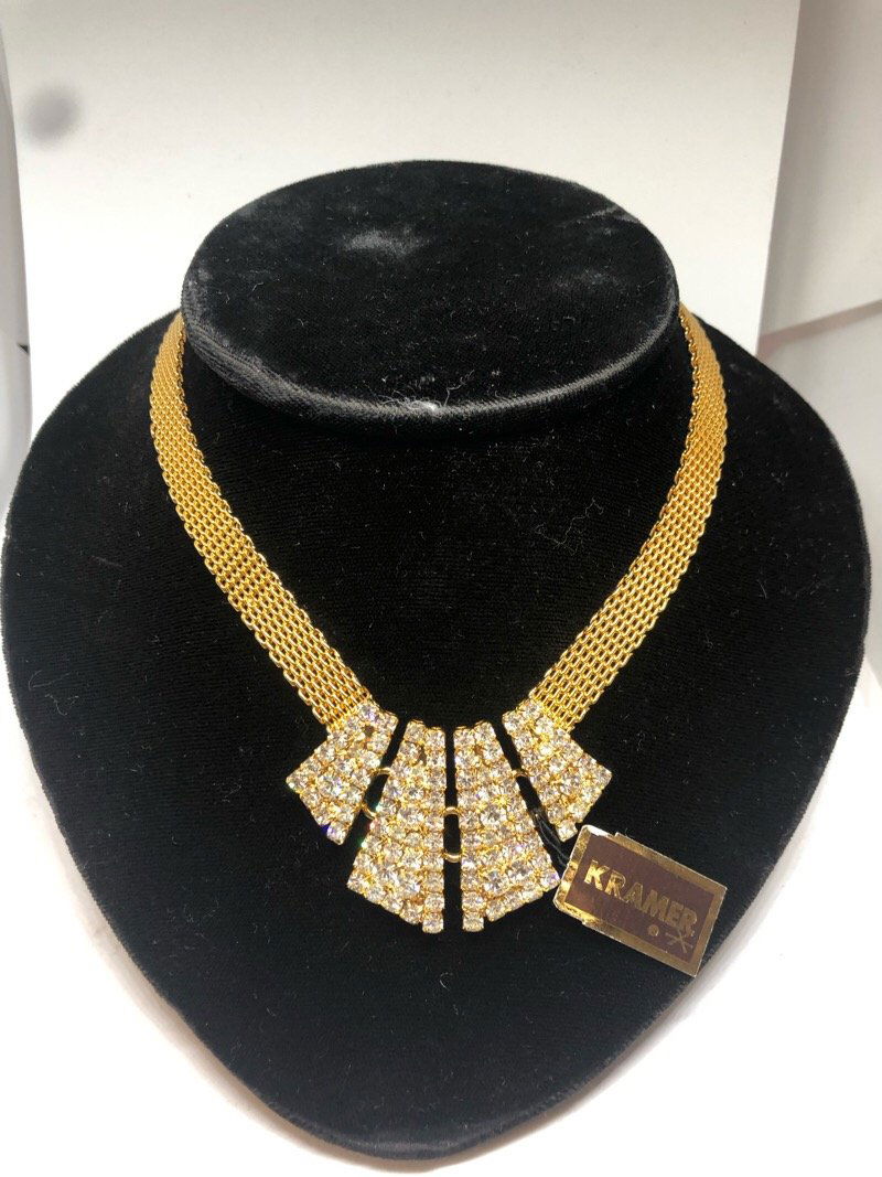 VTG Gold Mesh Rhinestone Kramer Necklace Earrings Lot: Beautiful Chocker set, both have origninal hang tags on them.
