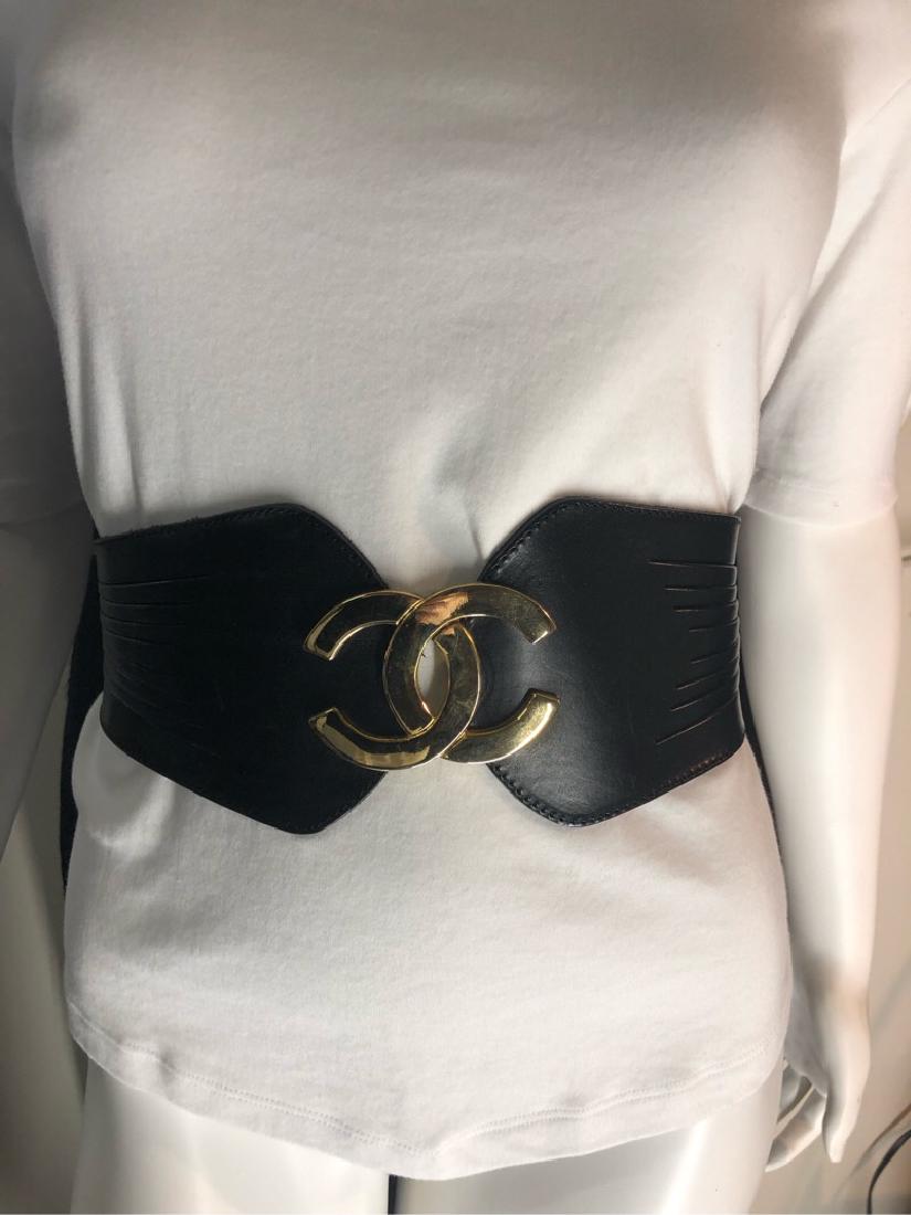 VTG Chanel Style Black Leather Waste Belt: Vintage belt, measures 35" Very vintage 80's/90's style. From estate of 90 year old fashionista. Unsure of authenticity. No markings on belt or on backside of logo. Very good shape for age some light