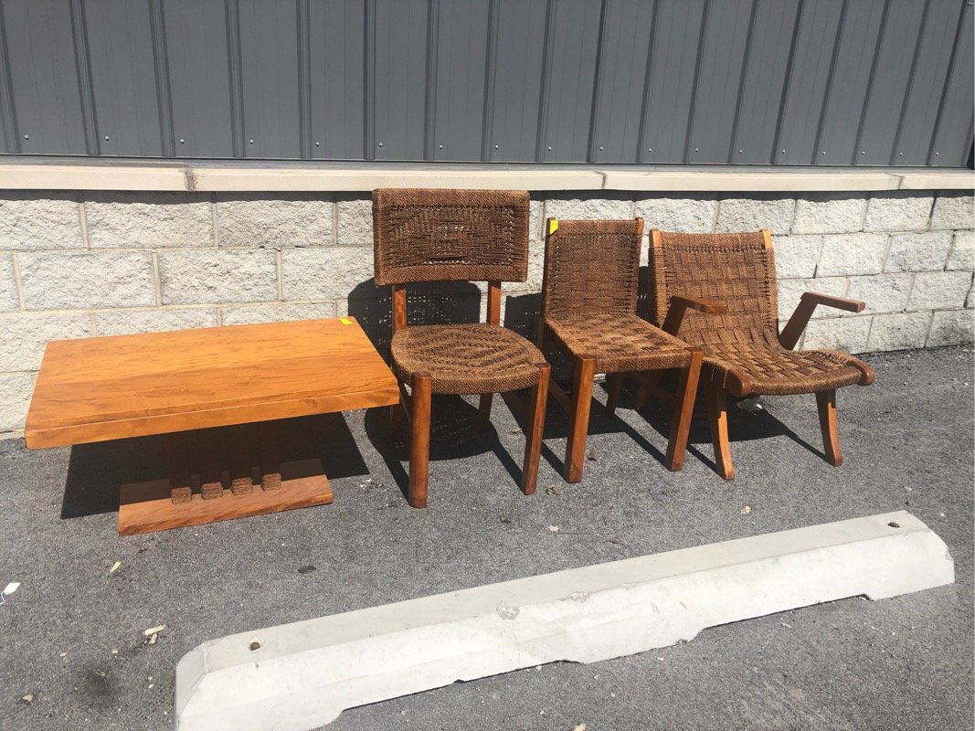 4pc Pre War Vintage Hemp Chairs & Table Set: This awesome set includes 3 chairs all same design, but different shapes and a matching table. They are in good shape for age. The table top is very good. See all pics. This set will be local pick up/