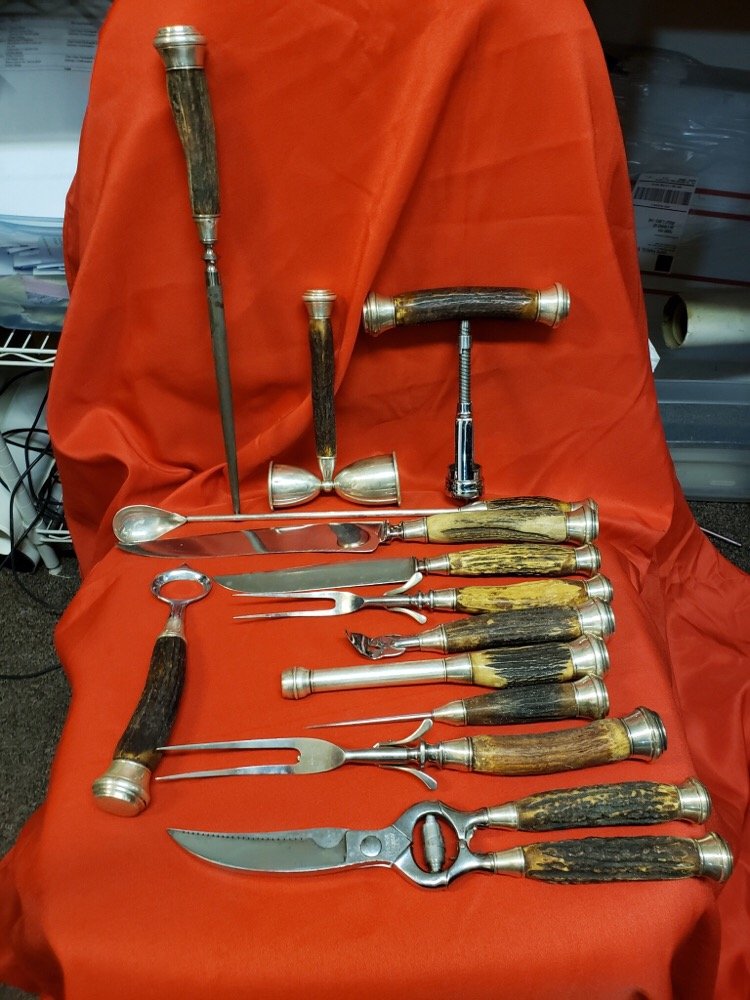 Sterling Stag Carving Bar Knife Set John Hasselbring: Great set, made by silversmith John Hasselbring of Brooklyn New York. Comes w/ original box. see pics for more details.This set is the largest one I have ever seen by this silversmith.