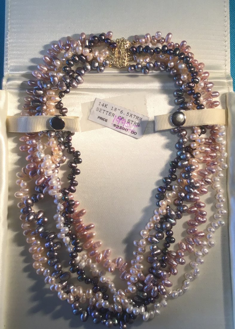 18" 5 strand 5 colored freshwater pearls w 14K clasp (1 of 3)