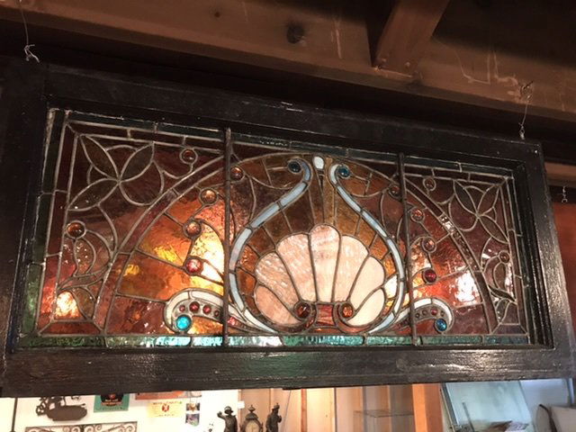 Antique stained glass shell window with jewels 38x18 (1 of 5)