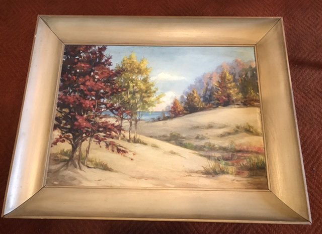 MCM Indiana Dunes Lake Michigan shoreline oil painting: Large oil on canvas and Masonite board measures 35” across and 27 1/2” tall. Unsigned but by Cecil McManigal circa 1950s. Frame could use some touch up and tightening. Canvas is a bit curled on ri
