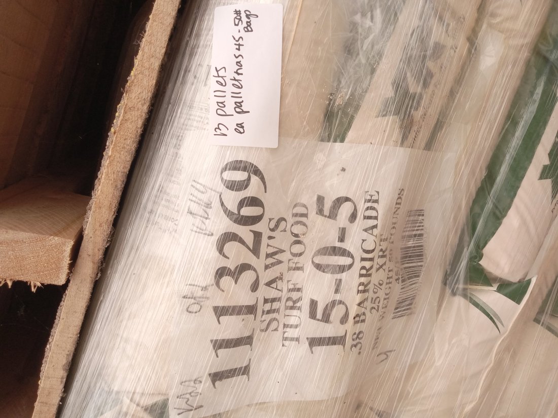 Pallet of 45 bags, 50# Shaw's Turf Food 15-0-5, .38 Barricade, 25% XRT fertilizer: Pallet of 45 bags, 50# Shaw's Turf Food 15-0-5, .38 Barricade, 25% XRT fertilizer. Each pallet is shrink wrapped, dry, and under cover inside. 13 pallets available. Each bag sells for approx. $40 reta