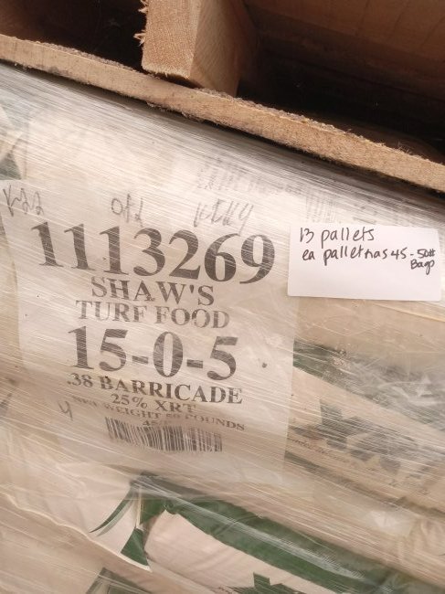 Pallet of 45 bags, 50# Shaw's Turf Food 15-0-5, .38 Barricade, 25% XRT fertilizer: Pallet of 45 bags, 50# Shaw's Turf Food 15-0-5, .38 Barricade, 25% XRT fertilizer. Each pallet is shrink wrapped, dry, and under cover inside. 13 pallets available. Each bag sells for approx. $40 reta