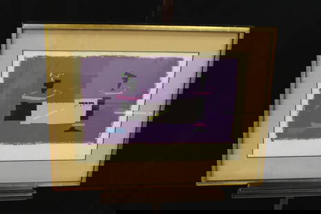 Ltd Edition Mid Century Modern Serigraph Signed: This is a serigraph or lithograph, given the flat blocks of color and the visible edition number in the lower corner. The abstract composition features geometric shapes and what appears to be Hebrew t