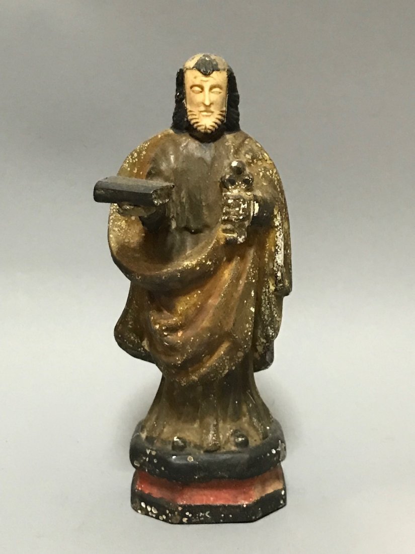 Saint Peter with Bone Face: Carved Wood Religious Saint Peter, dimension is 8.25 inches high x 3.25 inches wide. The shipping cost for domestic is $30.00 flat rate shipping within the Continental US, international foreign shippi