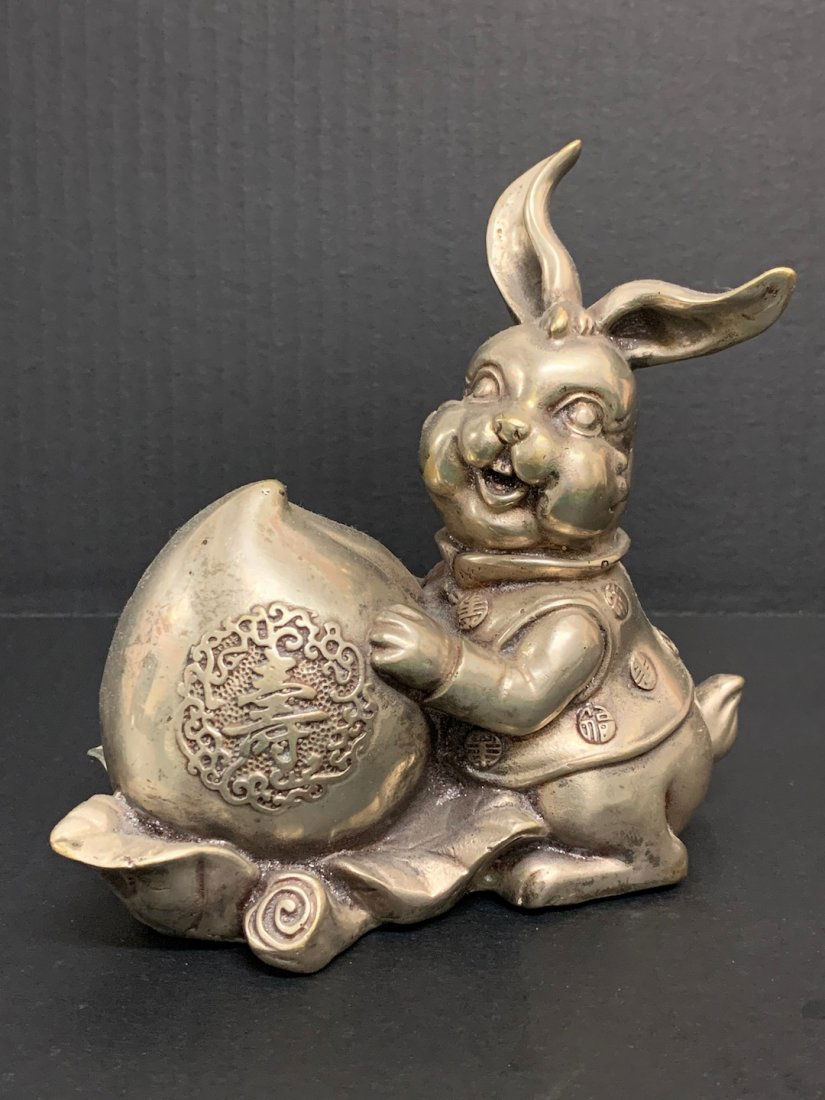 Chinese Silver Gilt Metal Lucky Charm Rabbit with Peach (1 of 6)