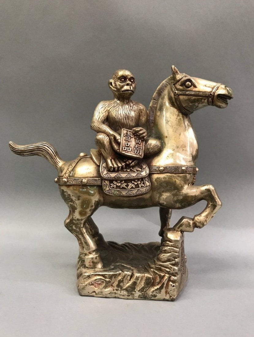 Silver Gilt Metal Horse with Monkey: Silver Gilt Metal Horse with Monkey. The dimension 9.25 inches high x 8.5 inches wide. The packing and shipping cost with insurance for domestic is $45.00 flat rate shipping within the Continental US,