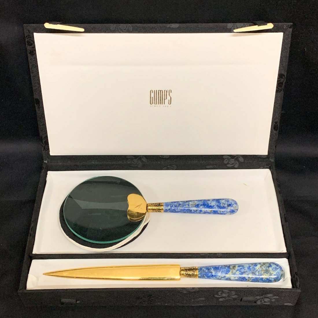 Set of Lapiz Lazuli Letter Opener and Magnifying Glass: Set of Lapiz Lazuli Letter Opener and Magnifying Glass. The dimension is 9.5 inches high x 1 inch wide and 7.5 inches high x 3.5 inches wide. The shipping cost for domestic is $30.00 flat rate shippin