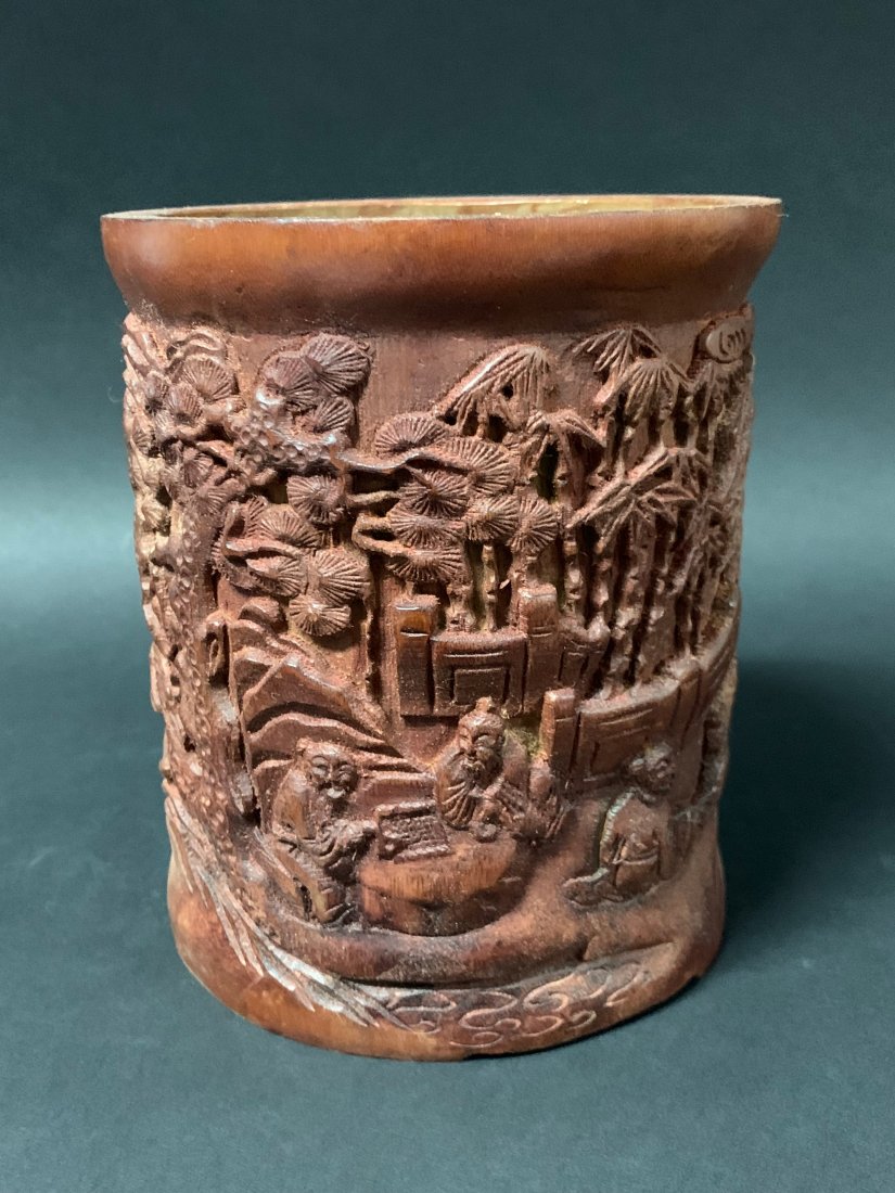 Bamboo Brushpot: Chinese Decorative Work of Art Bamboo Brushpot. The dimension is 6.25 inches high x 5.25 inches wide. The shipping cost for domestic is $45.00 flat rate shipping within the Continental US including ha