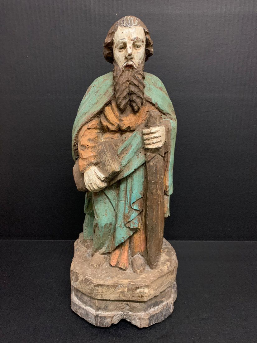 Carved Wood Saint Peter Sculpture: Religious Art Carved Wood Saint Peter Sculpture. The dimension is 16.5 inches high x 6.5 inches wide. The shipping cost for domestic is $80.00 flat rate shipping within the Continental US including ha
