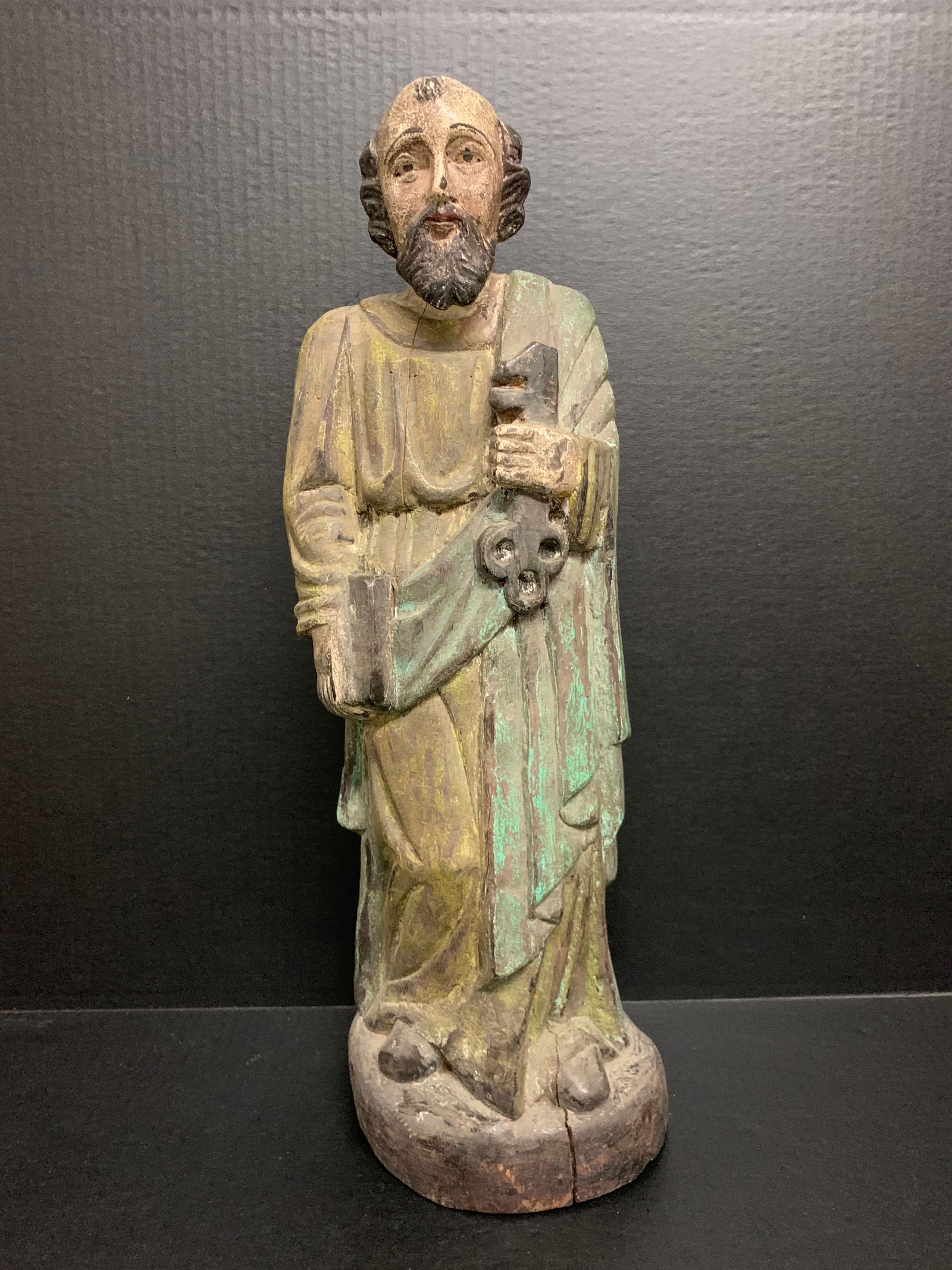 Carved Wood Saint Peter Sculpture: Religious Art Carved Wood Saint Peter Sculpture. The dimension is 21 inches high x 7 inches wide. The shipping cost for domestic is $75.00 flat rate shipping within the Continental US including handli