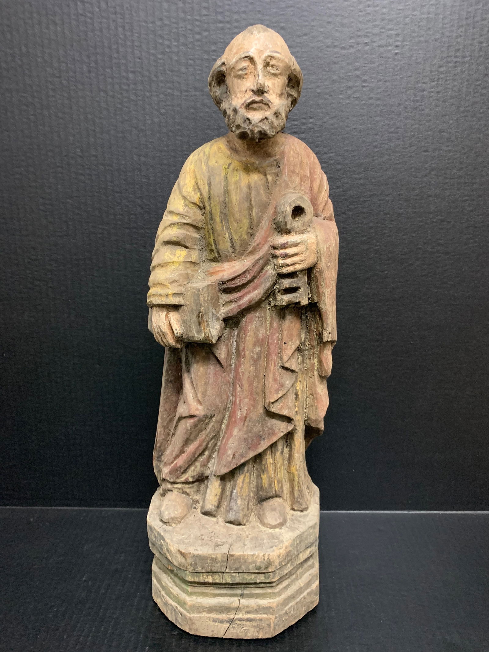 Carved Wood Saint Peter Statue: Religious Art Carved Wood Saint Peter. The dimension is 20.5 inches high x 7 inches depth x 7 inches wide. The shipping cost for domestic is $75.00 flat rate shipping within the Continental US includi