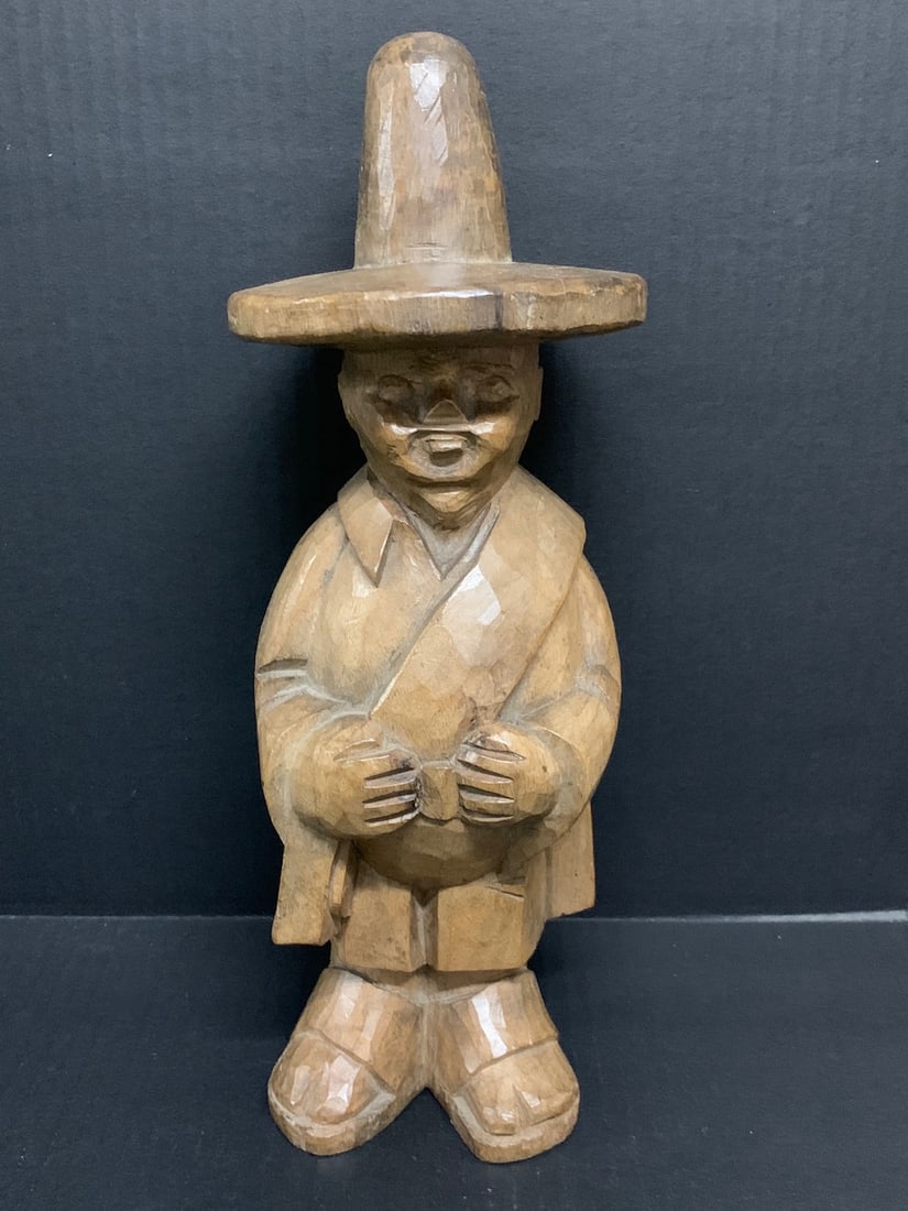 Carved Wood Mexican Man: Folk Art Carved Wood Papermache Mold of Mexican Man. The dimension is 13.75 inches high x 4.5 inches wide. Please be aware that some of the items are vintage, secondhand, old ages, antiques and may ha