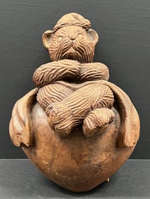 Carved Wood Large Bear Sitting in Heart
