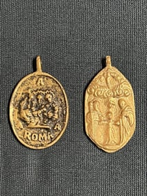 Set of 2 Cast Brass Medal or Amulet Pendant #A54