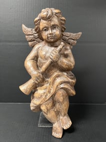 Carved Wood Angel Playing Trumpet with Metal Stand