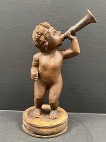 Carved Wood Angel Playing Trumpet