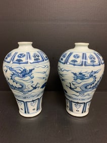 Pair of Blue and White Porcelain Vase Dragon Design