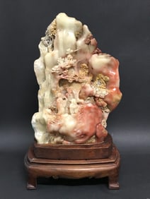 Carved Solid Soapstone Boulder Figure with Wooden Stand