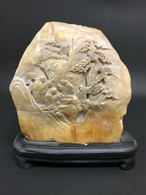 Carved Solid Yellow Soapstone Mountain Boulder with Wooden Stand
