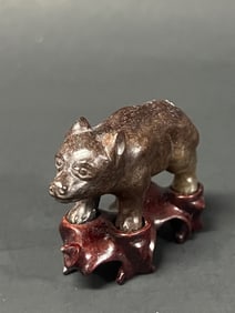 Bear Jade Animal with Wooden Stand