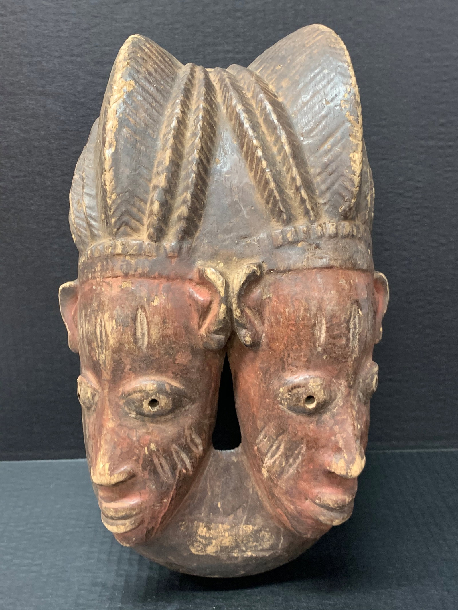 Yoruba Mask: African Tribal Art Yoruba Mask. The dimension is 14.25 inches high x 9 inches wide. Please be aware that some of the items are vintage, secondhand, old ages, antiques and may have a defects or sign of