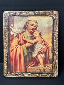 Carved Wood Painted Saint Joseph and Baby Jesus Icon