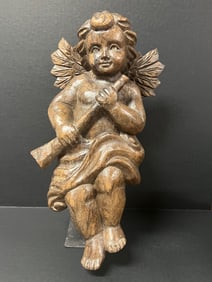 Carved Wood Religious Standing Angel with Glass Eyes with Stand