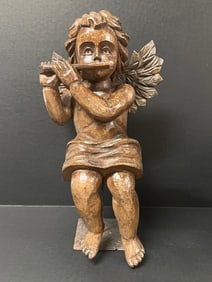 Carved Wood Religious Standing Angel with Glass Eyes with Stand
