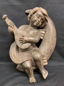 Carved Wood Angel in Crescent Moon