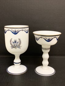 European Blue and White Gold Trim Dense Milk Glass 2 Pcs.