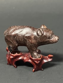 Chinese Art Carved Jade Animal with Wood Stand