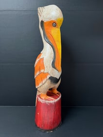 Folk Art Carved Wood Pelican Bird Sculpture