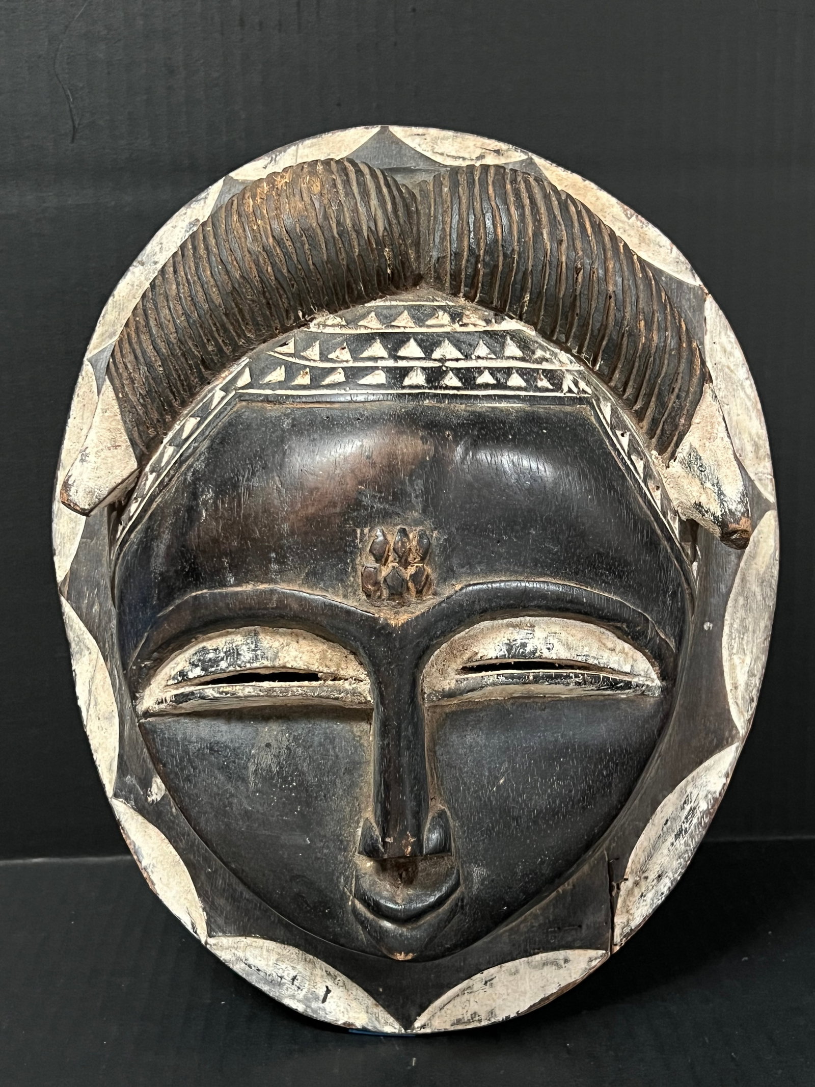 African Art Baule Mask: African Tribal Art Baule Mask. The dimension is 14 inches high x 11.5 inches wide. Please be aware that some of the items are vintage, secondhand, old ages, antiques and may have a defects or sign of 