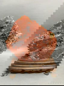 Carved Soapstone Mountain Scenery with Wooden Display Stand