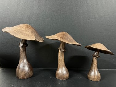 Set of 3 Carved Wood Mushroom Sculpture