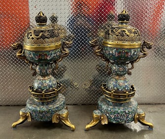 Pair of Very Large Cloisonne Bronze Incense Burner