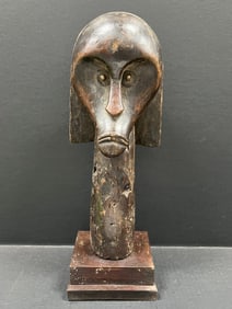 Carved Wood Fang Head Sculpture