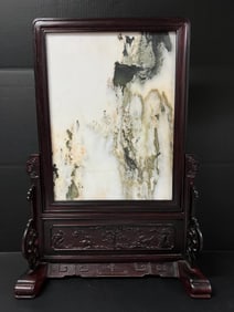 Carved Wood And Marble Stone Table Screen