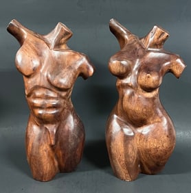 Carved Wood Pair of Male and Female Torso Sculpture