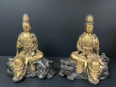 Pair of Gold Gilt Bronze Quan Ying Statue