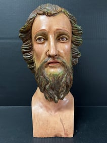 Carved Wood Saint Joseph Head Sculpture with Glass Eyes
