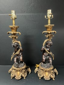 Pair of European Bronze Cherub Sculpture Table Lamps