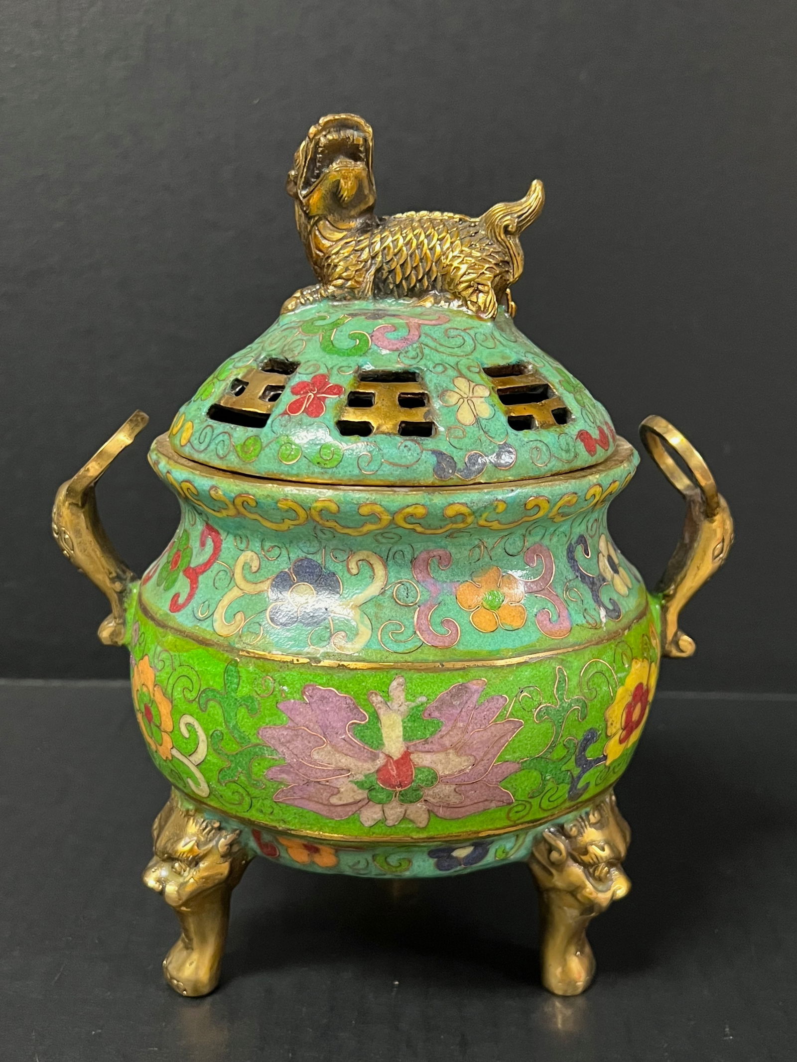 Cloisonne Enamel Incense Burner: Chinese Art Bronze and Cloisonne Incense Burner. The dimension is 8.5 inches high x 7 inches wide. Please be aware that some of the items are vintage, secondhand, old ages, antiques and may have a