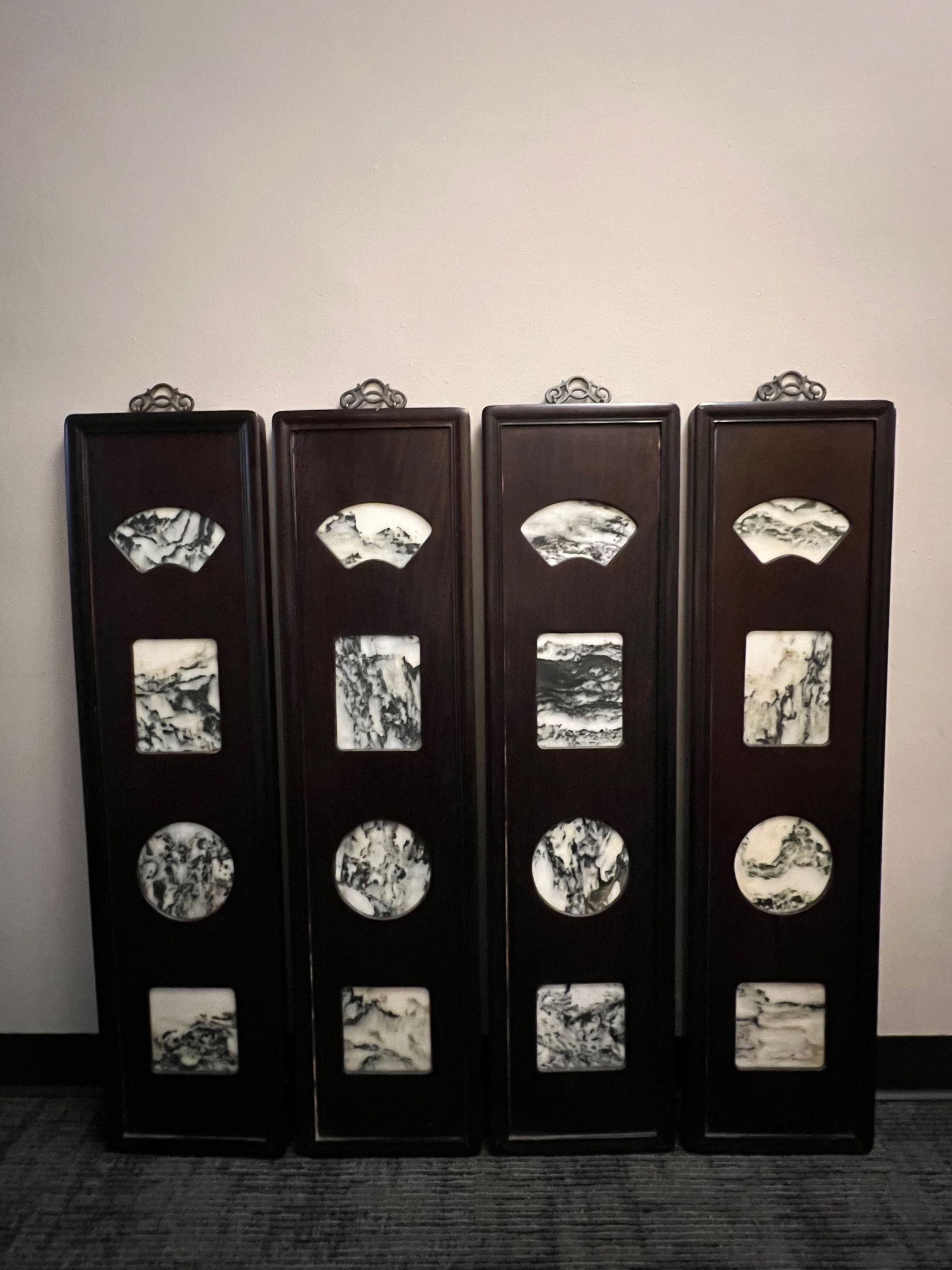 Set of 4 Wood Panel Wall Screen With Dream Stone Design: Chinese Art Set of 3 Wood Panel Wall Screen with Dream Stone Design. The dimension is Middle Panel 42.5 inches high x 10 inches wide. Please be aware that some of the items are vintage, secondhand, ol