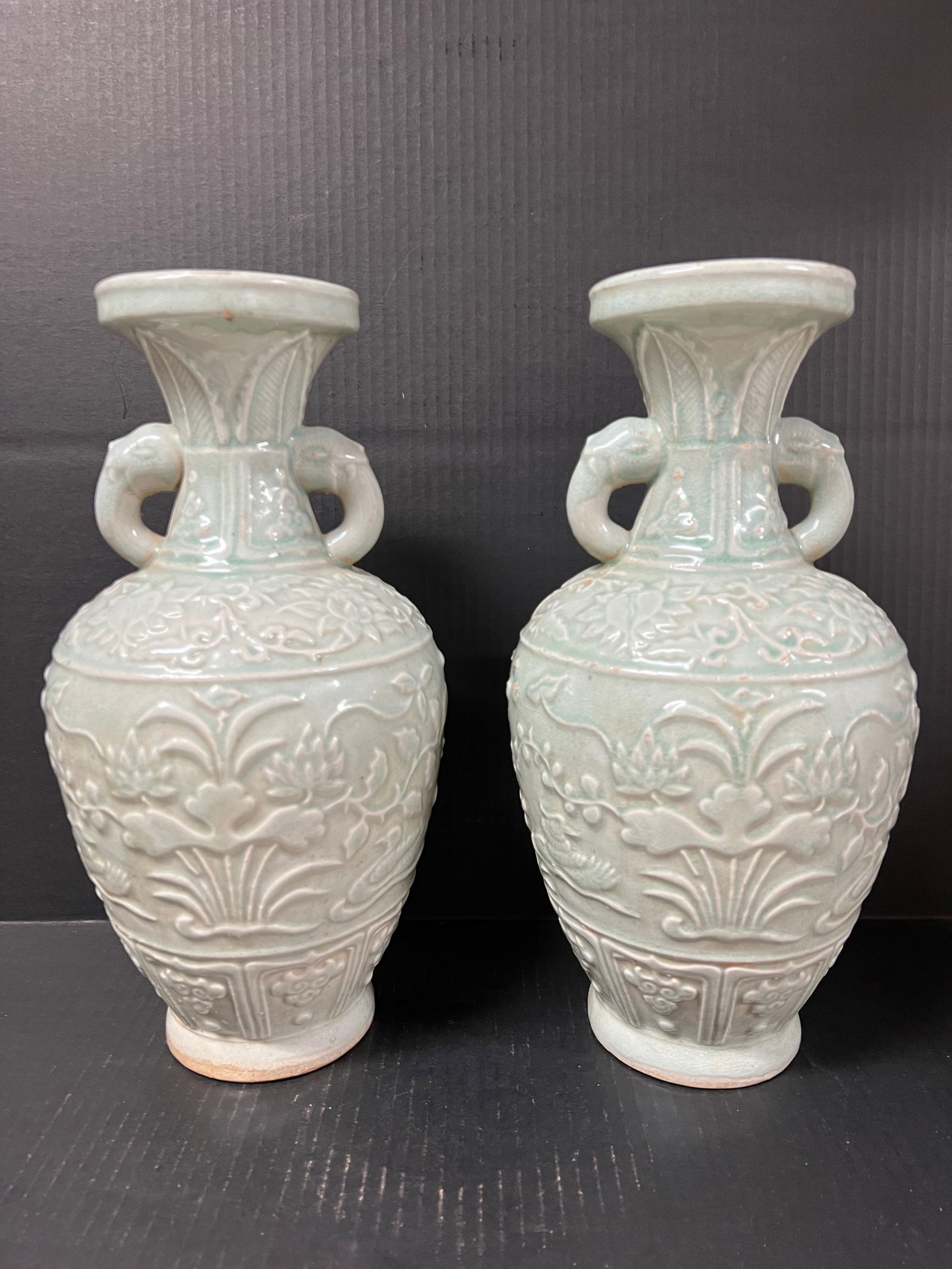 Pair of Porcelain Celadon Vase Raised Floral Design: Chinese Art Pair of Porcelain Celadon Vase Raised Floral Design. The dimension is 14.5 inches high x 7.5 inches wide. Please be aware that some of the items are vintage, secondhand, old ages, antiques