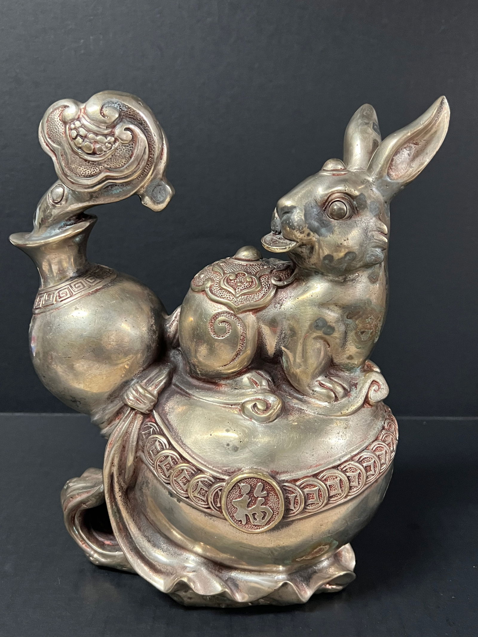 Silver Gilt Bronze Metal Lucky Charm Rabbit Sculpture: Chinese Art Silver Gilt Bronze Metal Lucky Charm Rabbit Sculpture. The dimension is 10.5 inches high x 8 inches wide. Please be aware that some of the items are vintage, secondhand, old ages, antiques